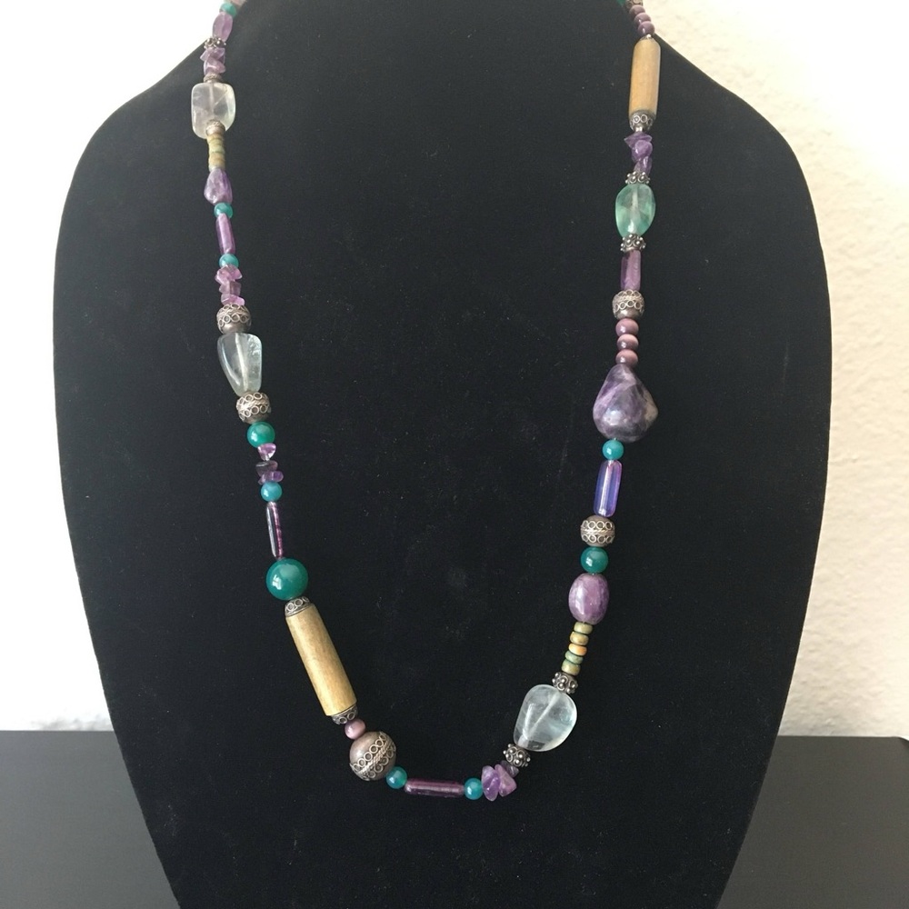 Beautiful amethyst, wood & gemstone necklace strand 30.5” Long